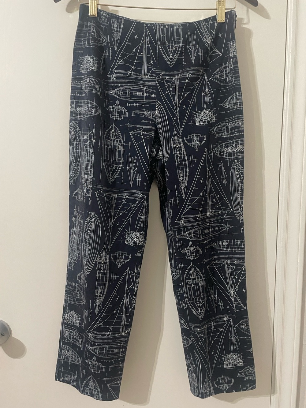 Ann Taylor Nautical Blueprint Sailboat Print Pants Side Zip Straight Leg Navy 4